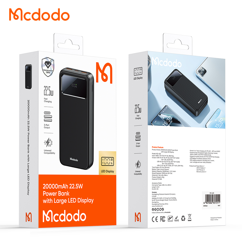 პორტატული დამტენი Mcdodo 22.5W Large LED Display 20000mAh 1C+2A Power Bank MC-4230