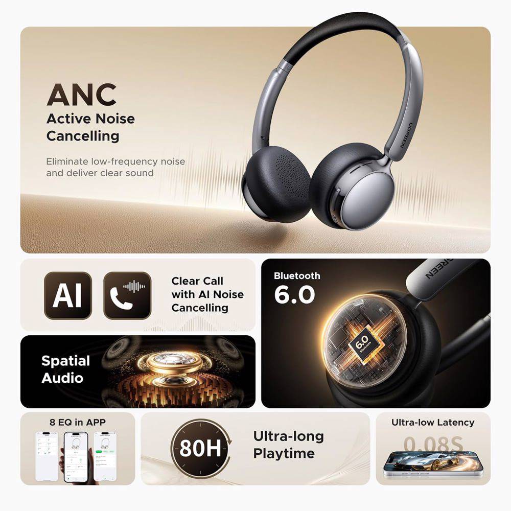 ყურსასმენი Ugreen HP207 (75630) Studio Plus, Headset, Wireless, Bluetooth, Black/Silver