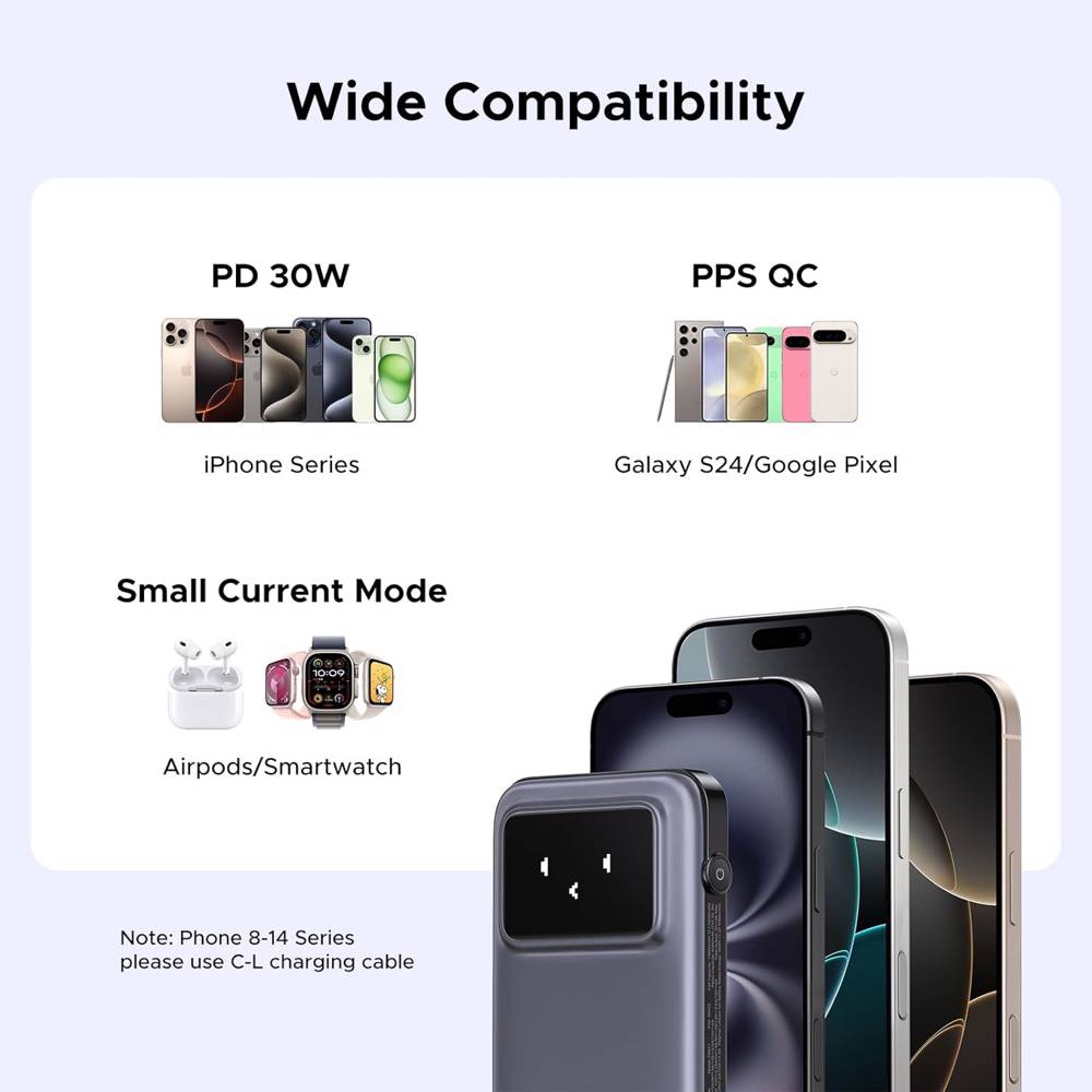 პორტატული დამტენი UGREEN PB511 (35603B) Uno, 10000mAh 30W, USB, Type-C, Power Bank With Built In Cable, Grey