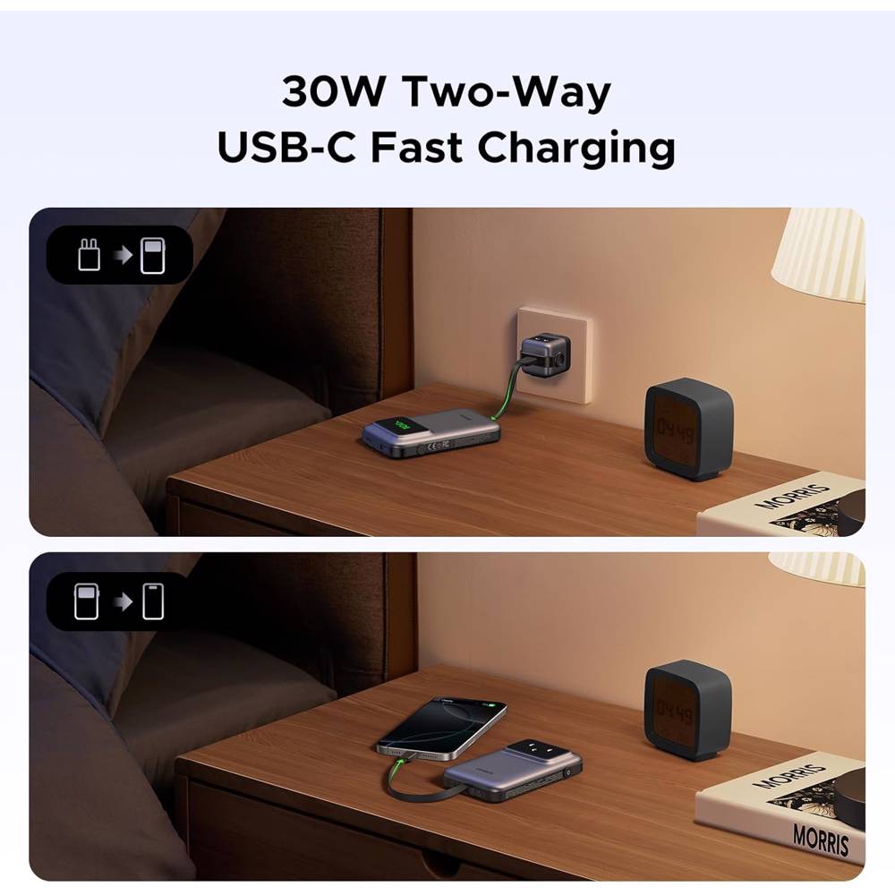 პორტატული დამტენი UGREEN PB511 (35603B) Uno, 10000mAh 30W, USB, Type-C, Power Bank With Built In Cable, Grey
