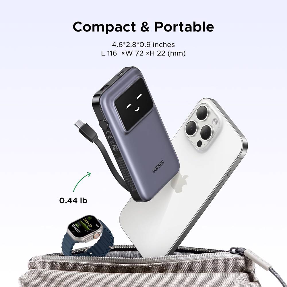 პორტატული დამტენი UGREEN PB511 (35603B) Uno, 10000mAh 30W, USB, Type-C, Power Bank With Built In Cable, Grey