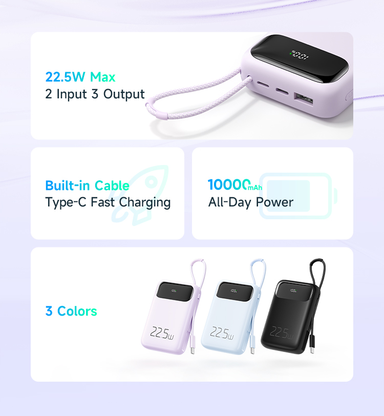 პორტატული დამტენი Mcdodo 22.5W Digital Display 10000mAh 1C+1A Power Bank Built-in Cable (For Type-c) MC-3243