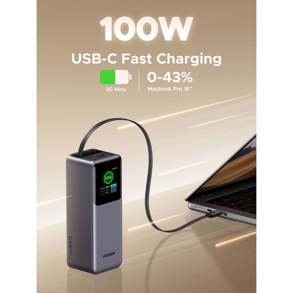 პორტატული დამტენი UGREEN PB726 (55987B) Nexode, 20000mAh, USB, Type-C, Power Bank With Retractable Type-C Cable, Grey
