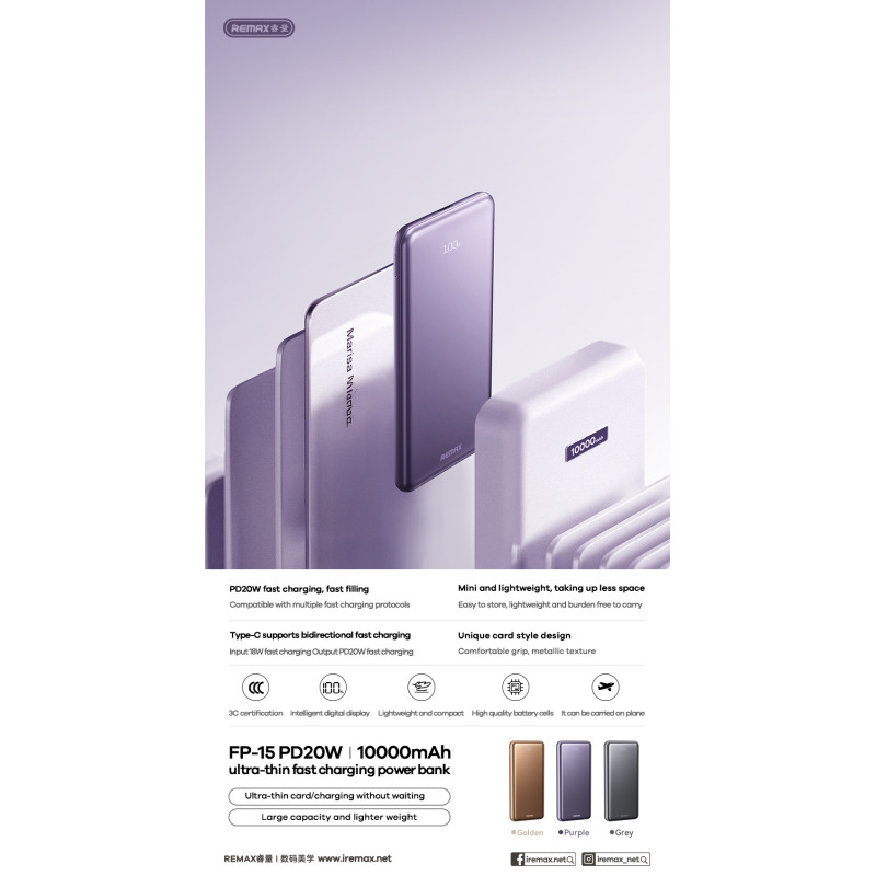 პორტატული დამტენი Remax FP-15 10 000 mAh Fast Charging Power Bank Gray