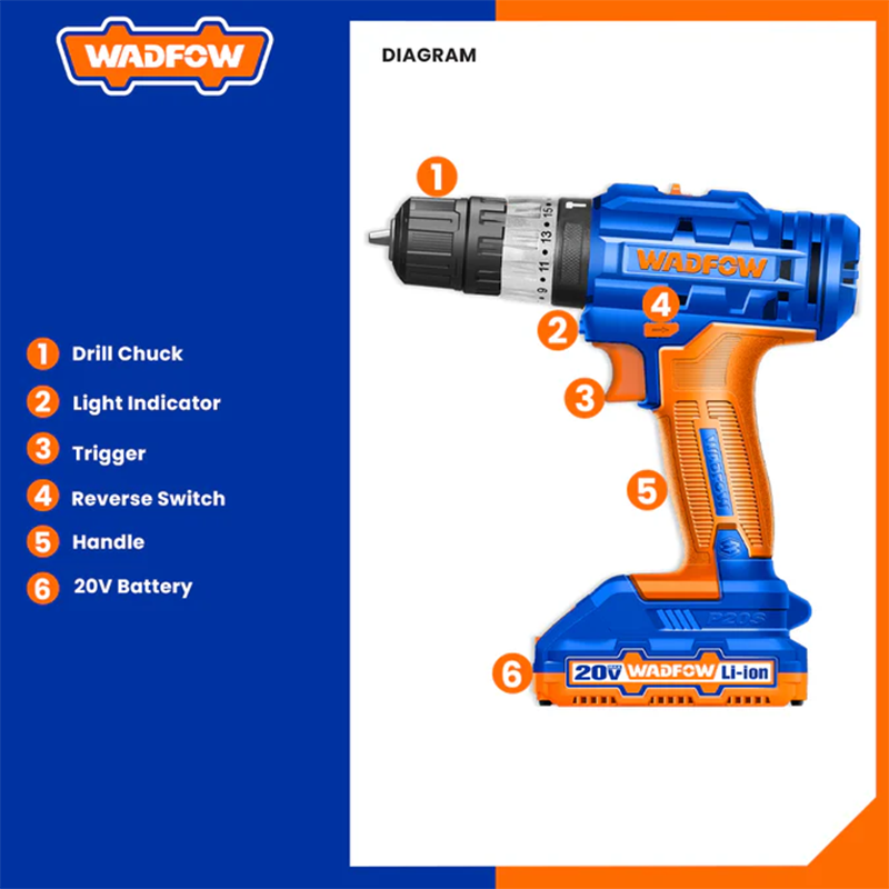 აკუმულატორული სახრახნისი WADFOW WCDP522 (20 V)