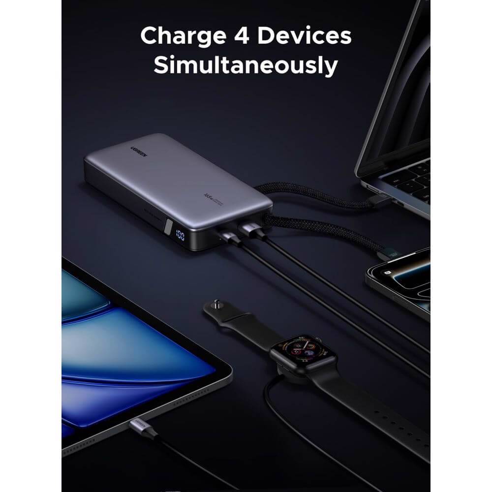 პორტატული დამტენი UGREEN PB552 (55995B) Nexode, 25000mAh, Type-C, USB, Power Bank With Built-in Type-C Cable, Grey