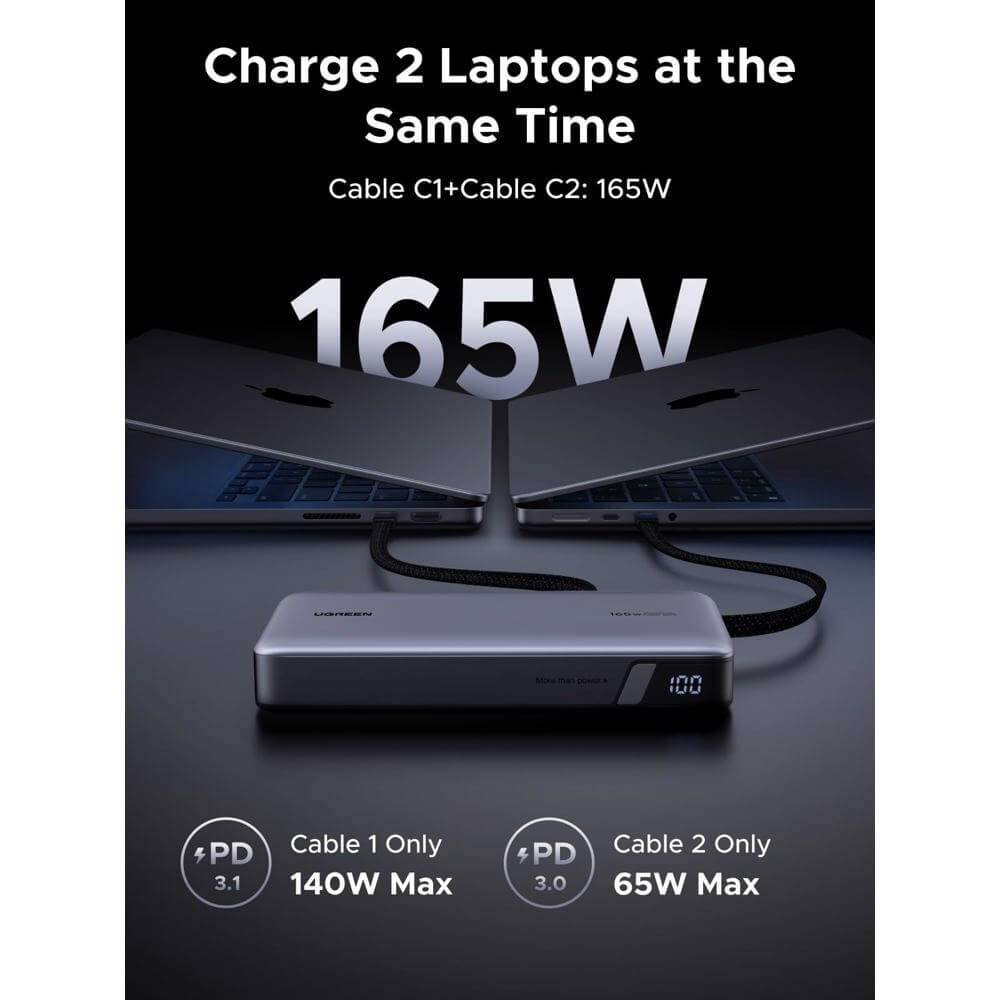 პორტატული დამტენი UGREEN PB552 (55995B) Nexode, 25000mAh, Type-C, USB, Power Bank With Built-in Type-C Cable, Grey