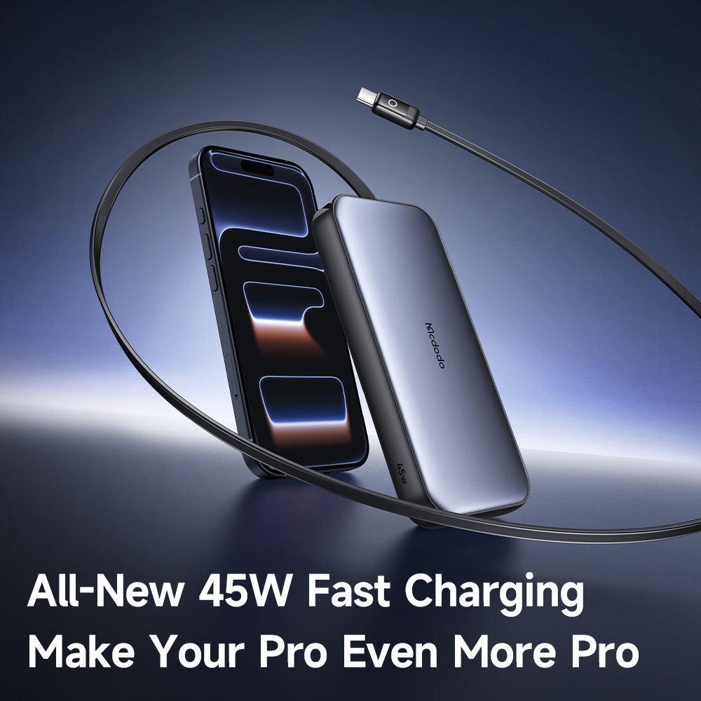 პორტატული დამტენი Mcdodo 45W LED Display Power Bank 10000mAh Built-in USB-C Retractable Cable MC-5920