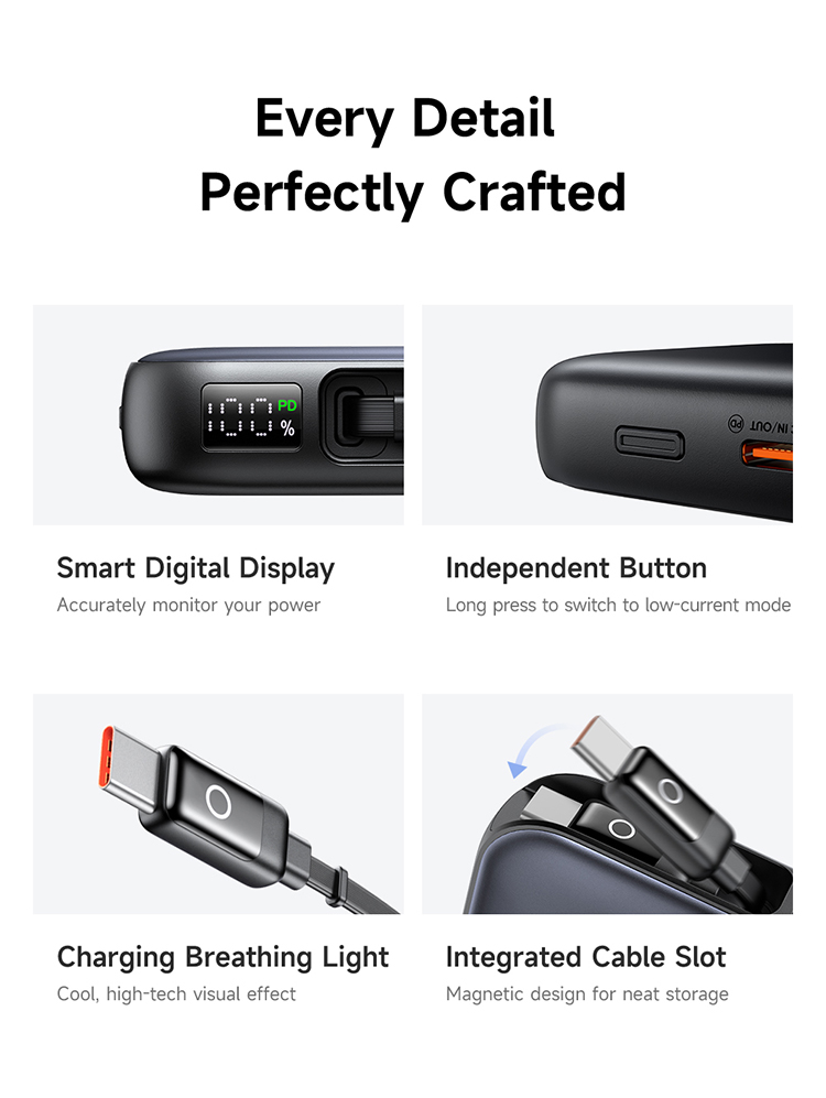 პორტატული დამტენი Mcdodo 45W LED Display Power Bank 10000mAh Built-in USB-C Retractable Cable MC-5920