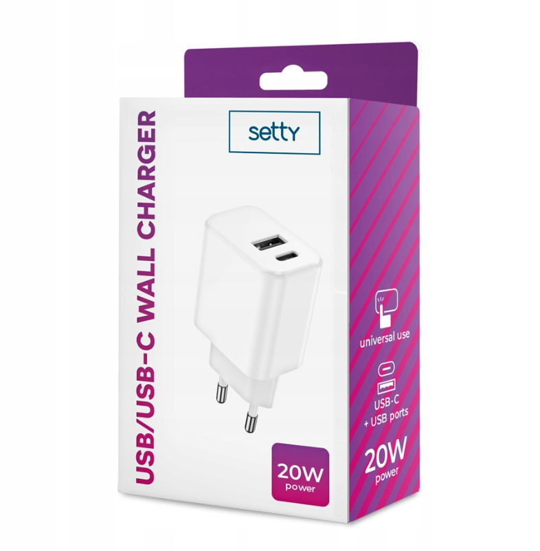 დამტენი Setty USB-A + USB-C 3A 20 W Wall Charger White