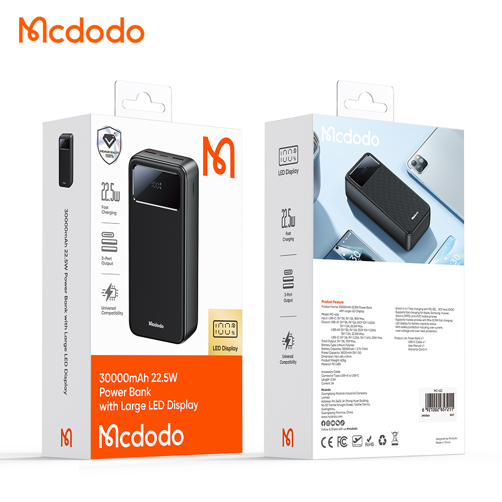 პორტატული დამტენი Mcdodo 22.5W Large LED Display 30000mAh 1C+2A Power Bank MC-4240