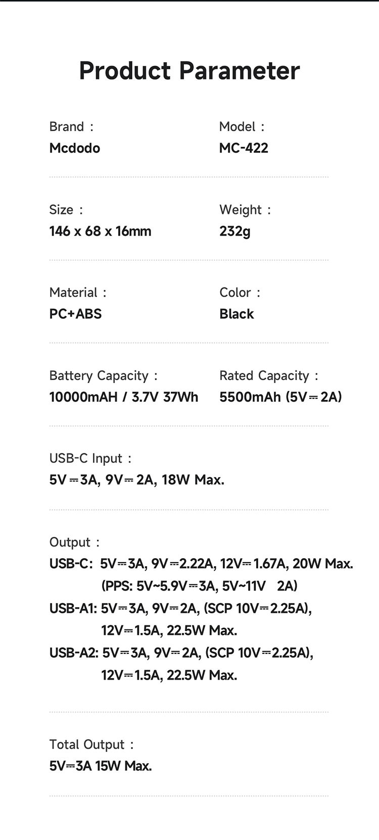 პორტატული დამტენი Mcdodo 22.5W Large LED Display 10000mAh 1C+2A Power Bank MC-4220